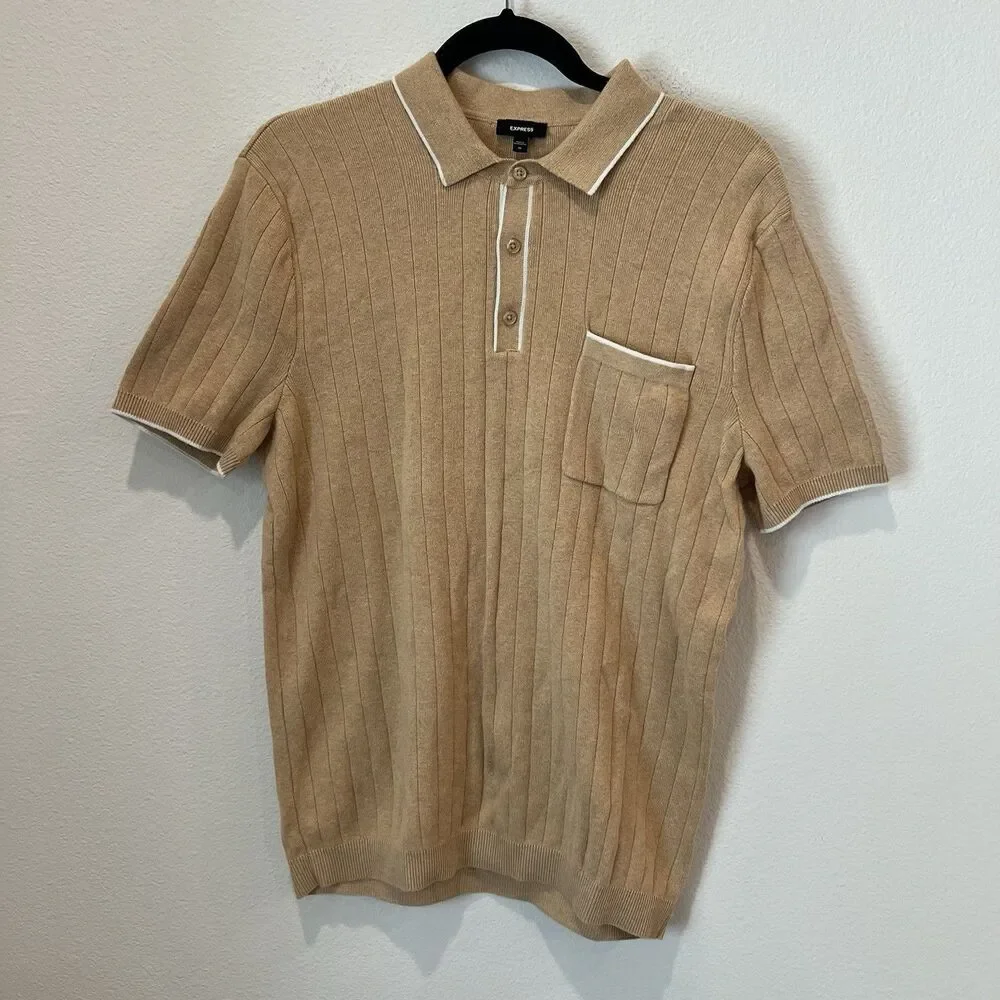 express Men’s short sleeve sweater polo johnny collar Tan Medium Preppy Career